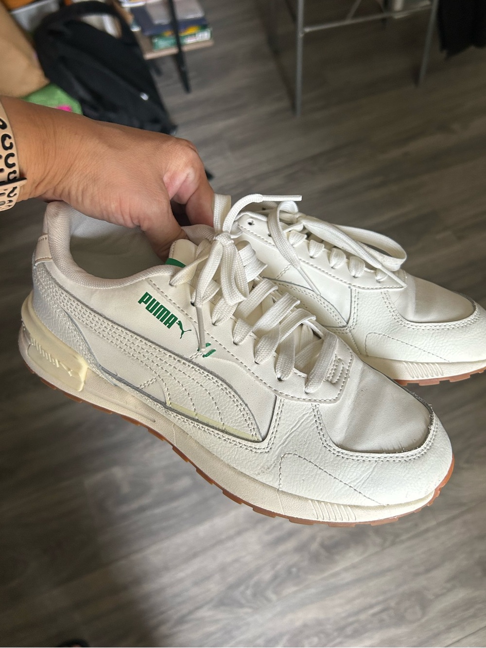 Puma Off-White Low-Top Sneakers with Green Logo